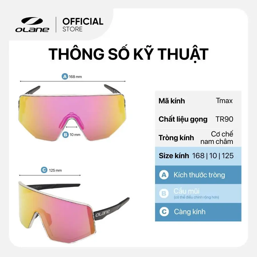 Kính Thể Thao Nam Châm OLANE TMAX Thay Tròng Nhanh 25 Thông số kỹ thuật kính thể thao nam châm TMAX Olane