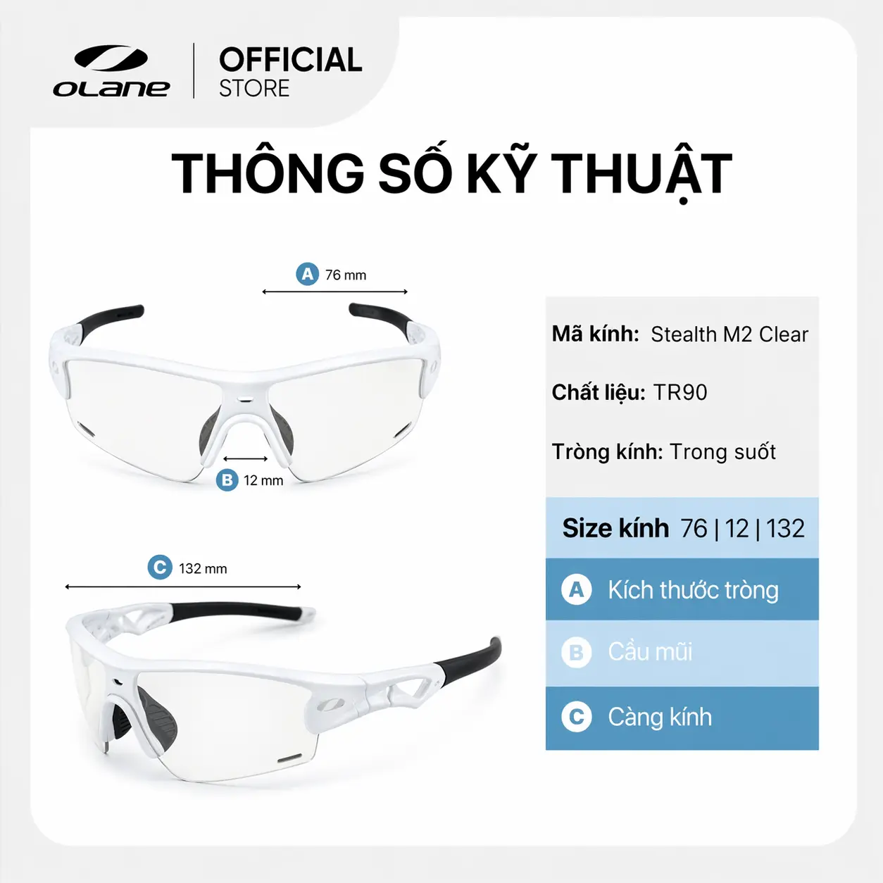 Kính Thể Thao Chơi Pickleball OLANE Stealth M2 Clear 19 Thông số Kỹ thuật của kính thể thao chơi Pickleball M2