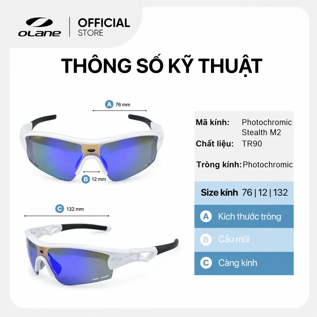 Thông số kỹ thuật kính thể thao đổi màu Olane M2