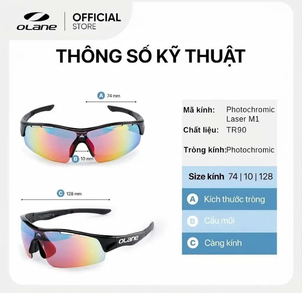 Kính Thể Thao Đổi Màu OLANE M1 Photochromic 46 thông số kỹ thuật kính thể thao đổi màu