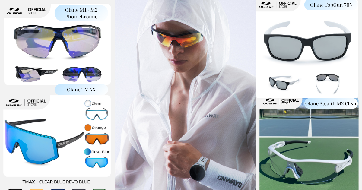 Kính Chơi Tennis Loại Nào Tốt? Tips Chọn Kính Chuẩn Xác 2026 7 Ảnh tổng hợp các mẫu kính Olane (TopGun 705, M1/M2, TMAX) kèm phụ kiện khung cận RX.